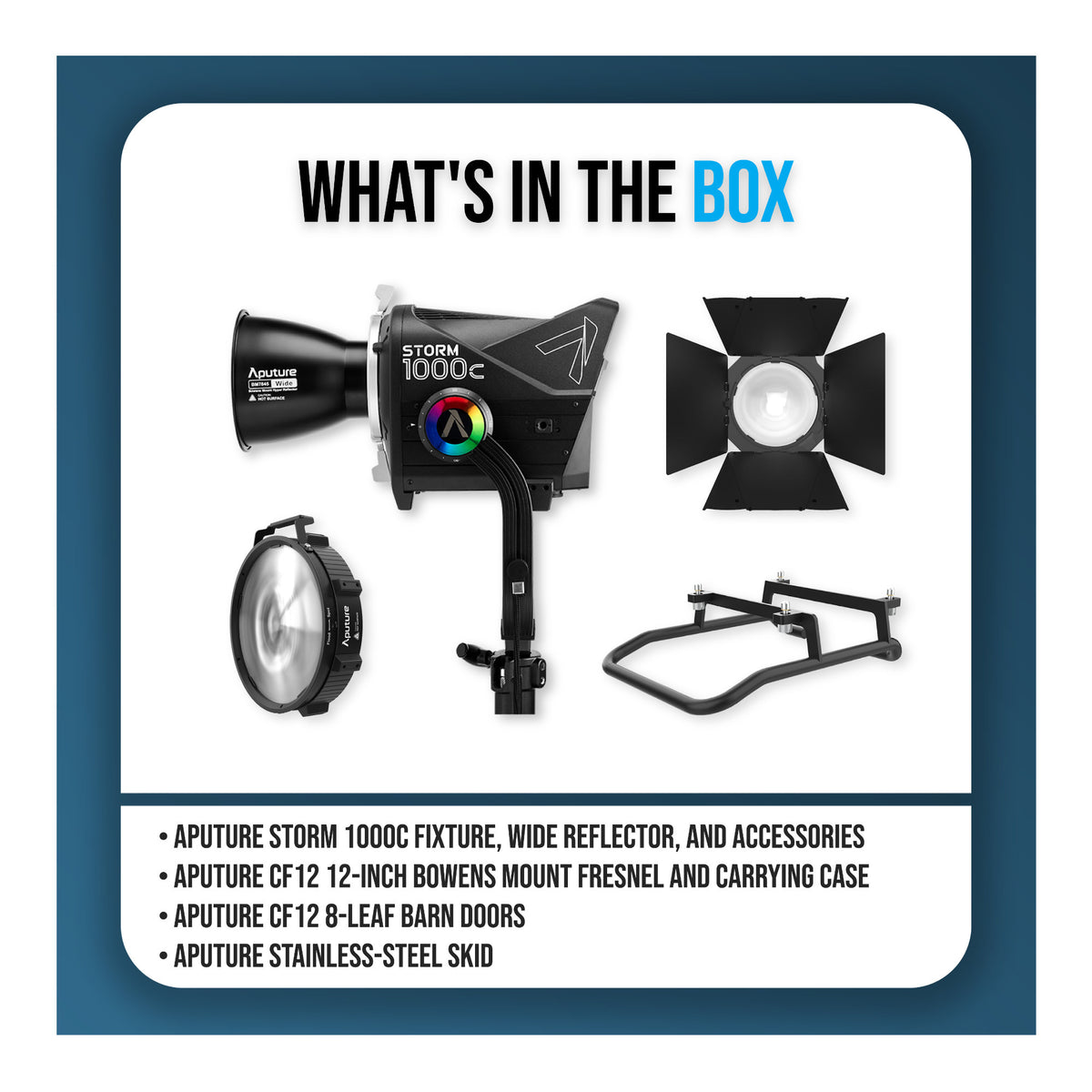 Aputure Storm 1000c Bundle with Wide Reflector, Fresnel, Barn Doors, and Skid
