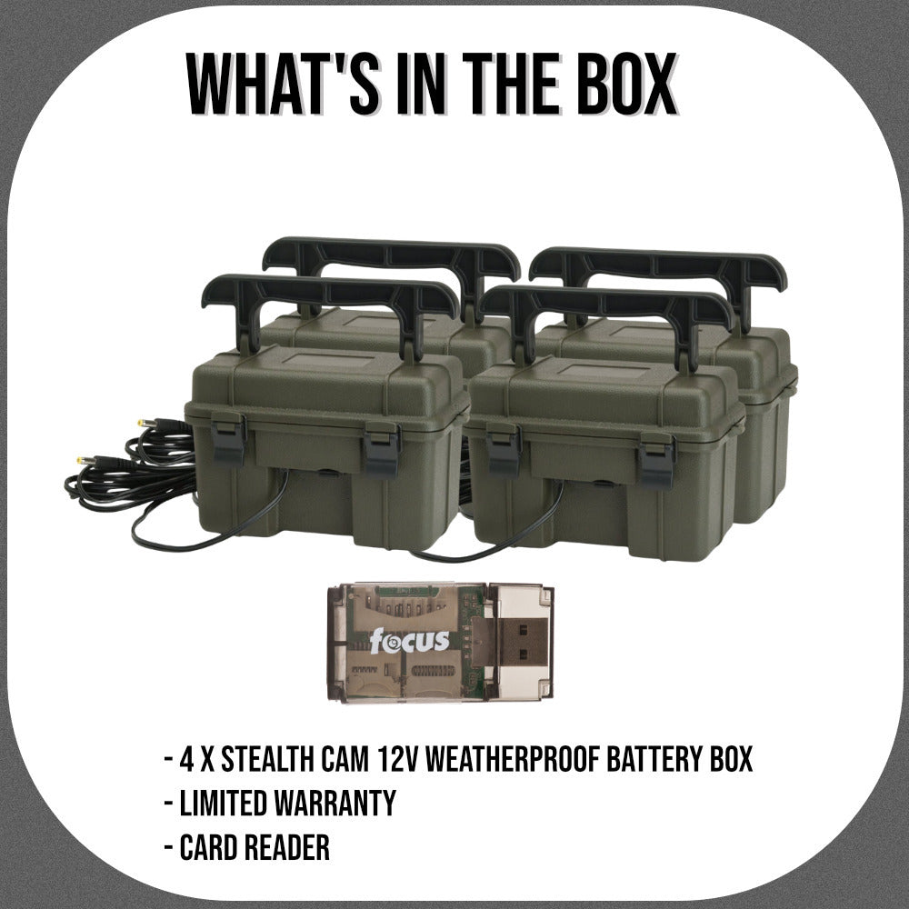 Stealth Cam 12V Weatherproof Battery Box (4-Pack, Dark Green) Bundle