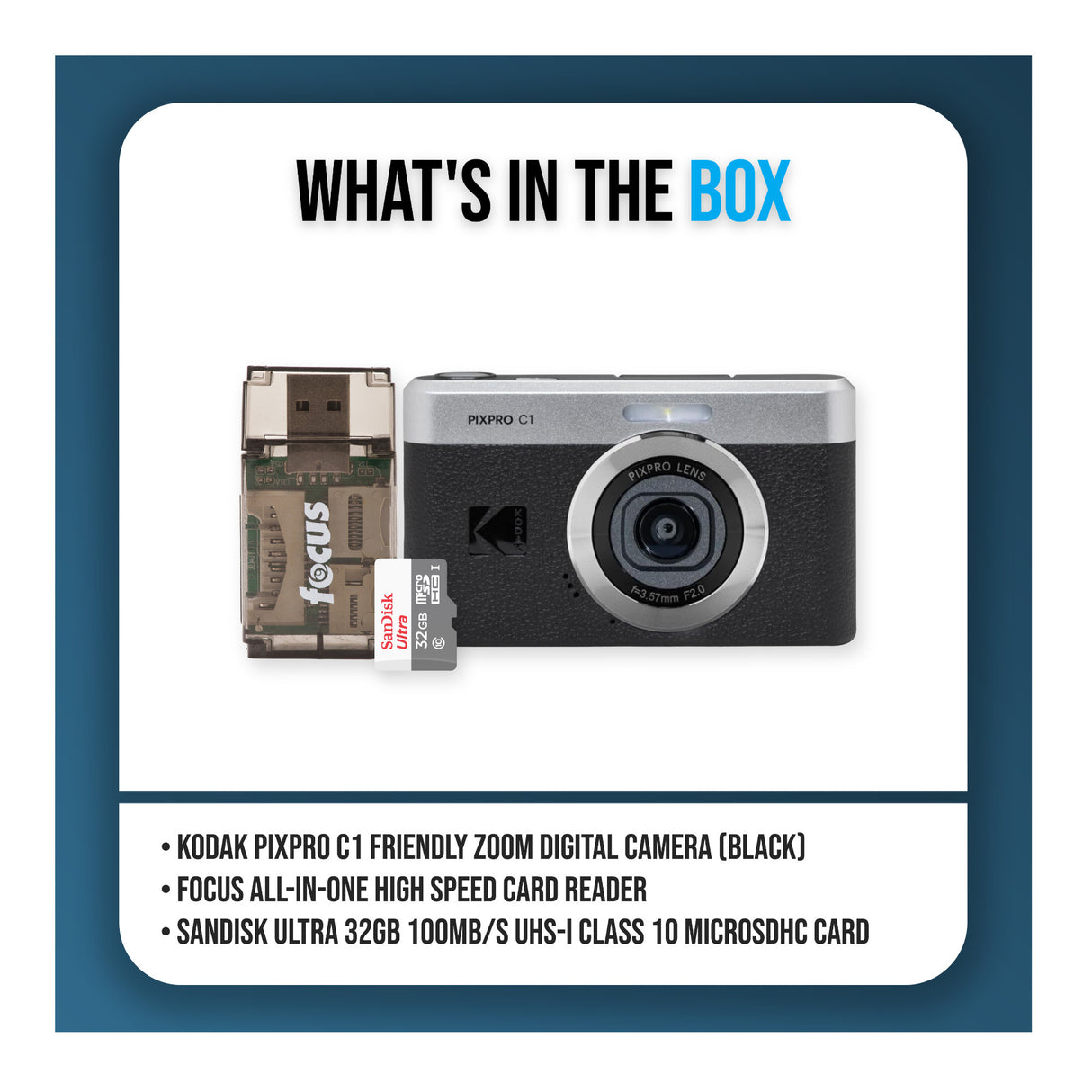 KODAK PIXPRO C1 13MP Digital Camera (Black) with MicroSD Card and Card Reader