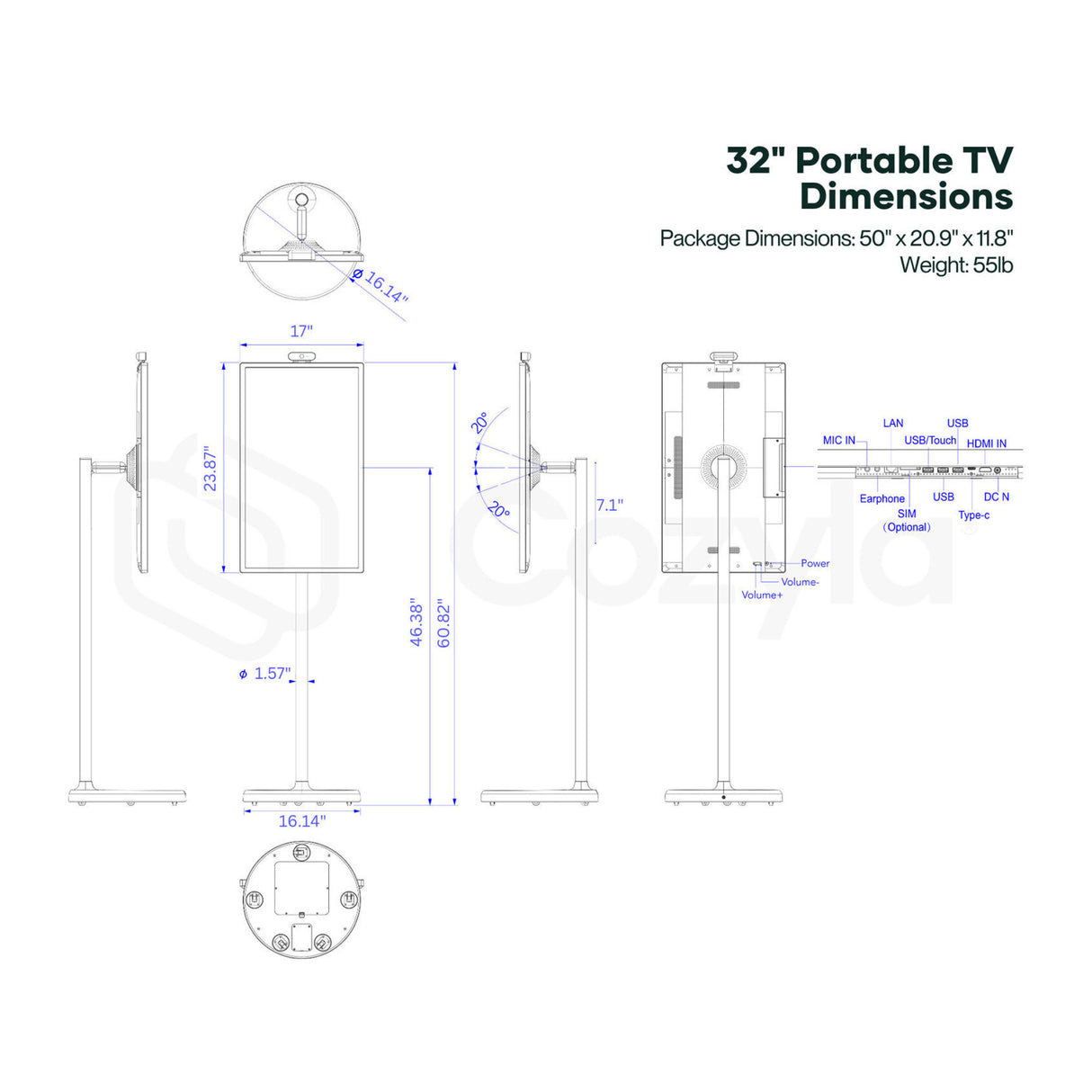 Cozyla 32 Inch Portable 4K Smart Tablet TV (White)