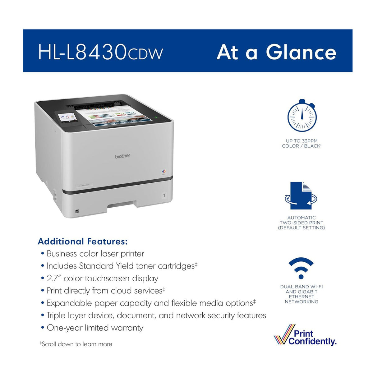 Brother HL-L8430CDW Business Color Laser Printer with Low-Cost Printing