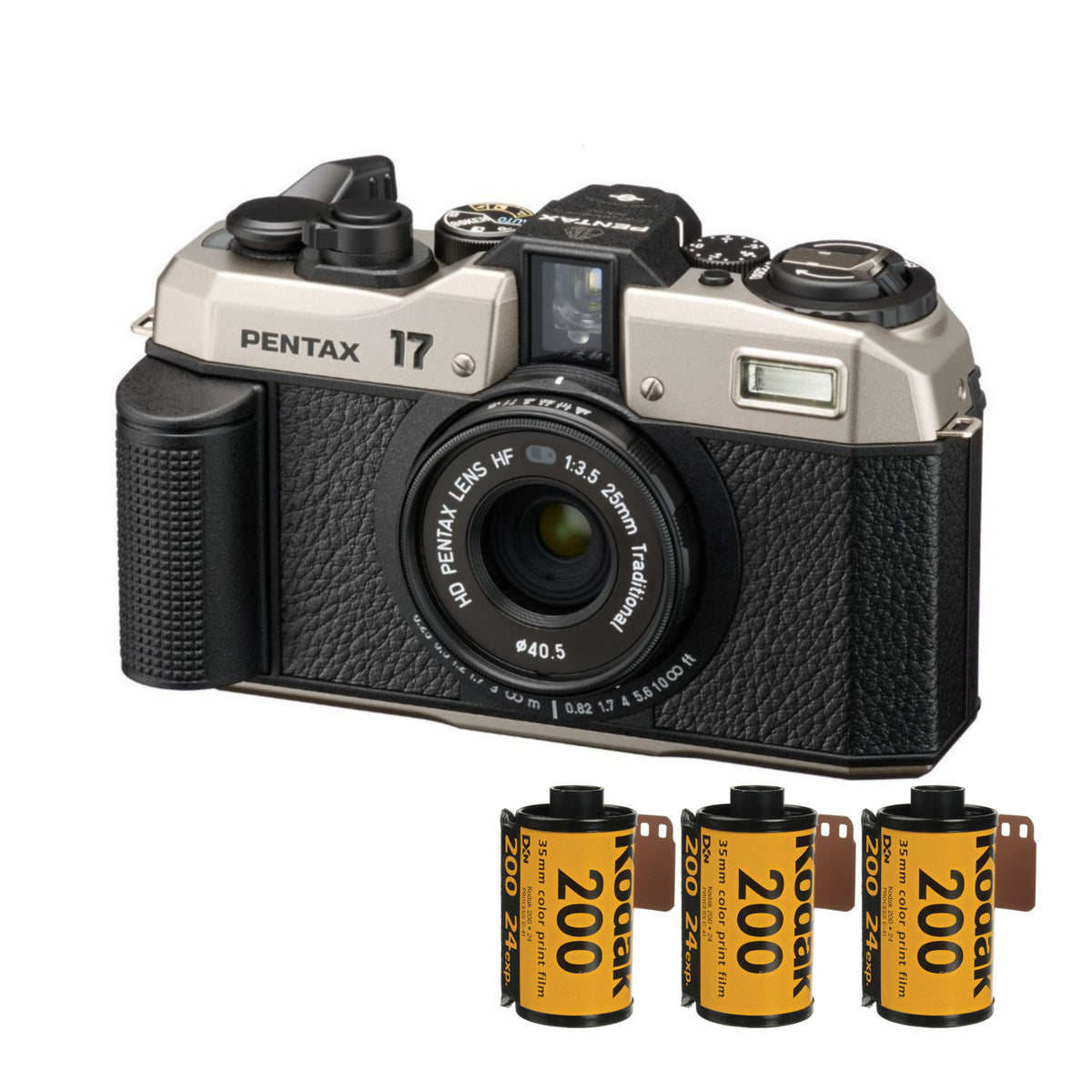 Pentax 17 F3.5 Half-Frame Camera (Dark Silver) with Gold 200 Film Bundle