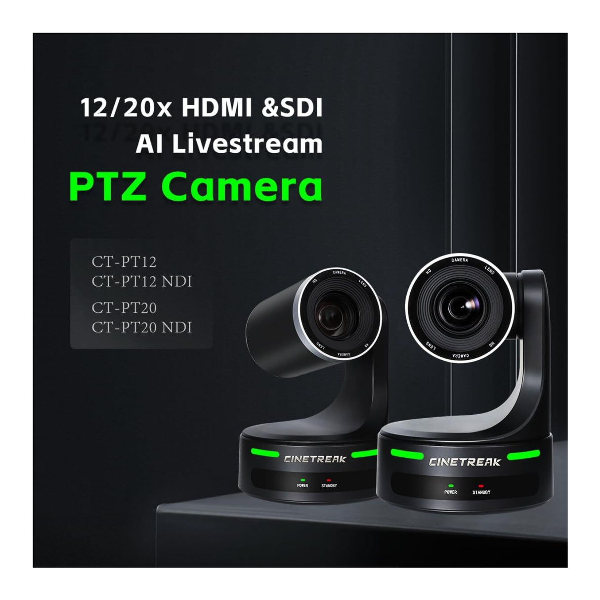 CineTreak CT-PT12NDI PTZ Camera - 1080p60, 12x Optical Zoom, AI Human Tracking