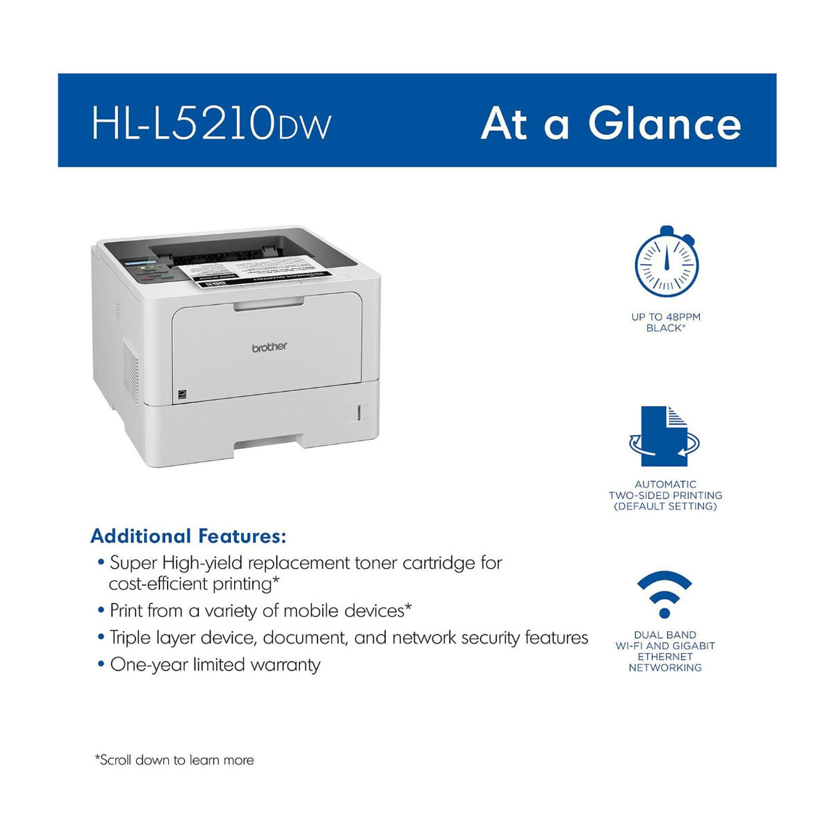 Brother HL-L5210DW Wireless Business Monochrome Laser Printer - Duplex Printing