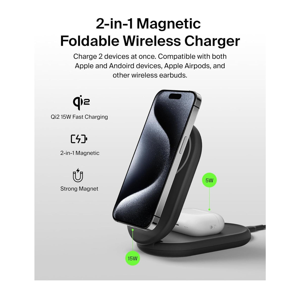 Belkin 2-in-1 Magnetic Foldable Wireless Charger 15W for IPhone (Black) (Open Box)