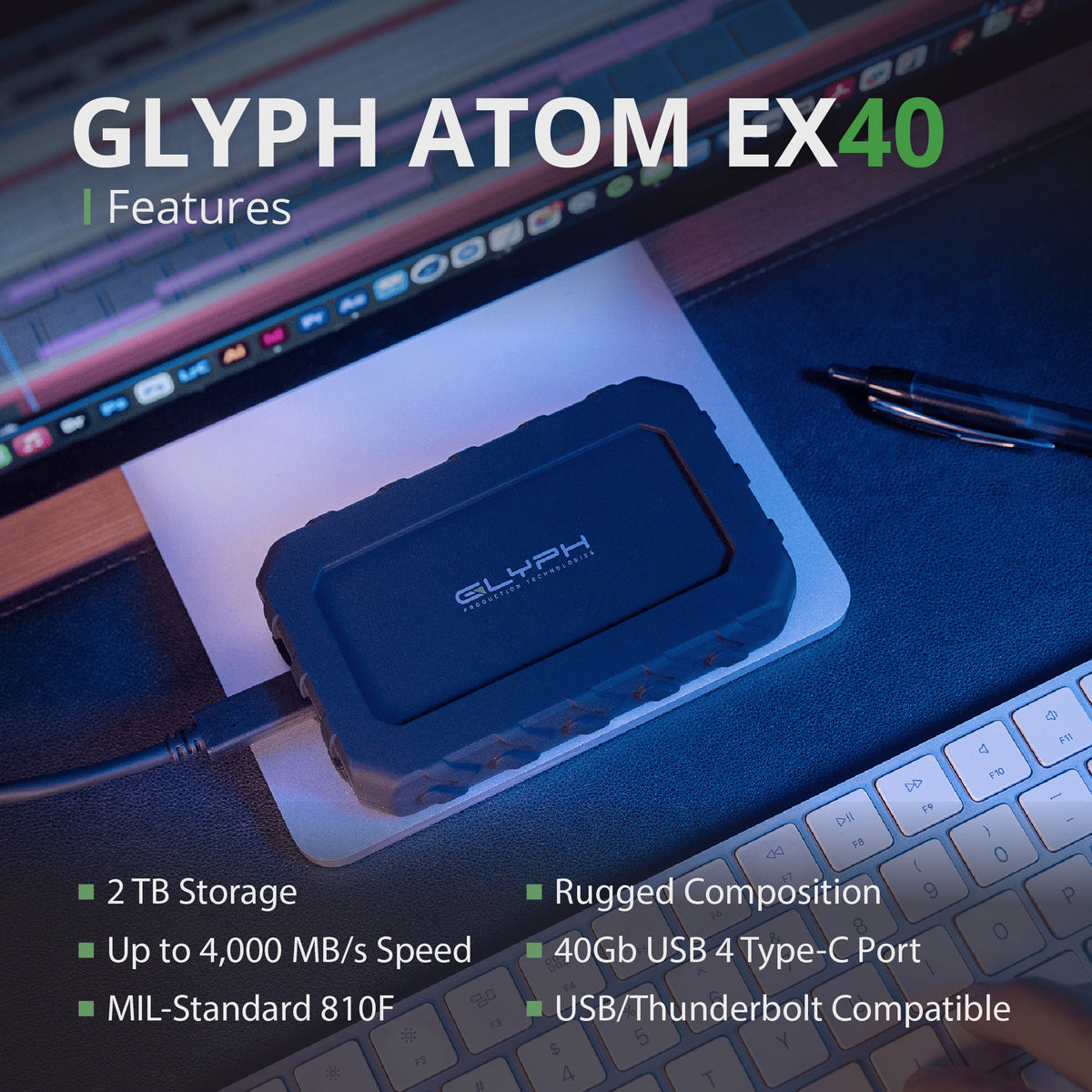 Glyph Atom EX40 High-Intensity 2TB Portable NVMe SSD with USB-C 4 Port (Black) (Open Box)