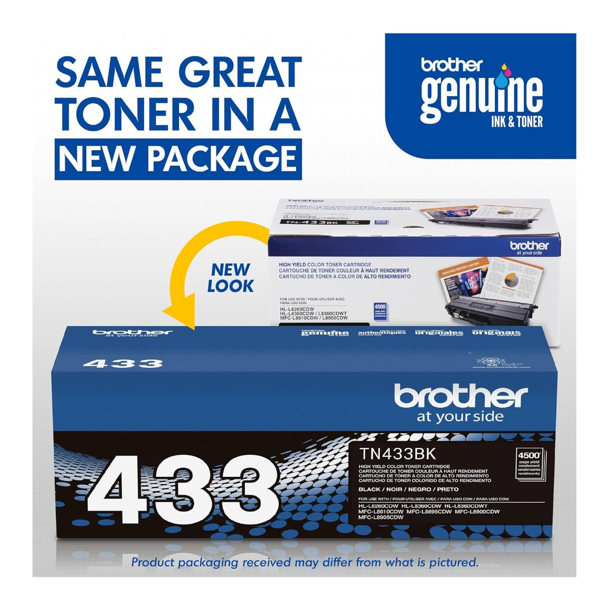 Brother Genuine TN433BK High-Yield Black Toner Cartridge - Up to 4,500 Pages
