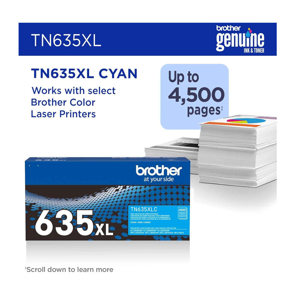 Brother Genuine TN635XLC High Yield Cyan Toner Cartridge