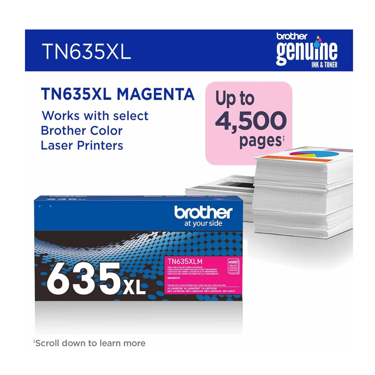 Brother Genuine TN635XLM High Yield Magenta Toner Cartridge (1 Pack)