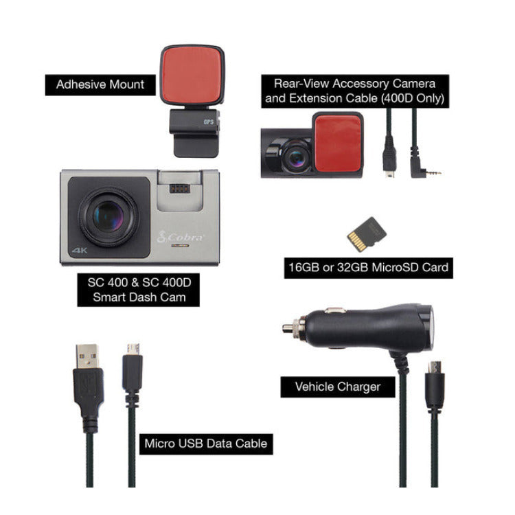 Cobra SC 400D 4K Smart Dash Cam with Optional Rear-View Accessory Camera (Open Box)