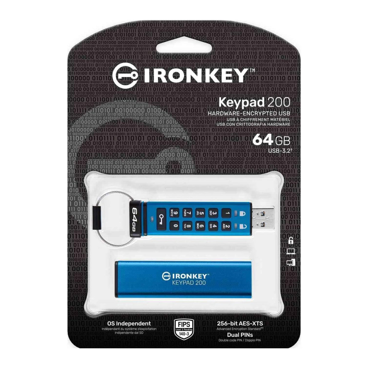 Kingston IronKey Keypad 200 Series 64GB USB-A Encrypted Flash Drive (Blue)