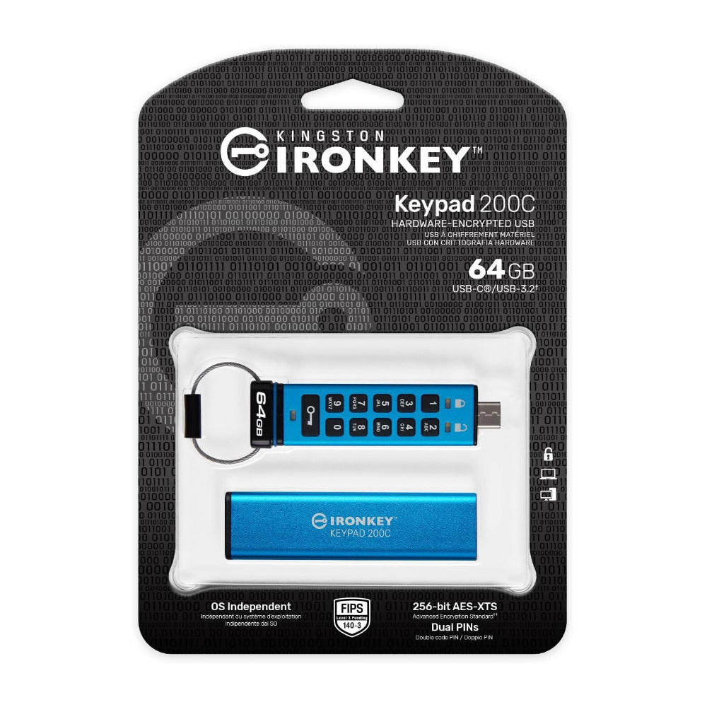 Kingston Ironkey Keypad 200 USB-C 64GB Encrypted Flash Drive (Blue)