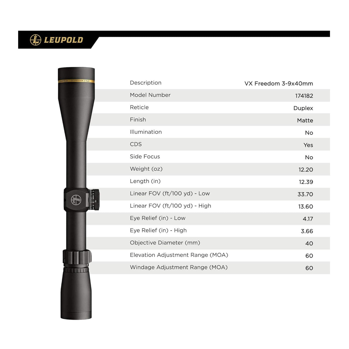 Leupold VX-Freedom 3-9x40mm Riflescope with Duplex CDS Reticle (Matte Black)