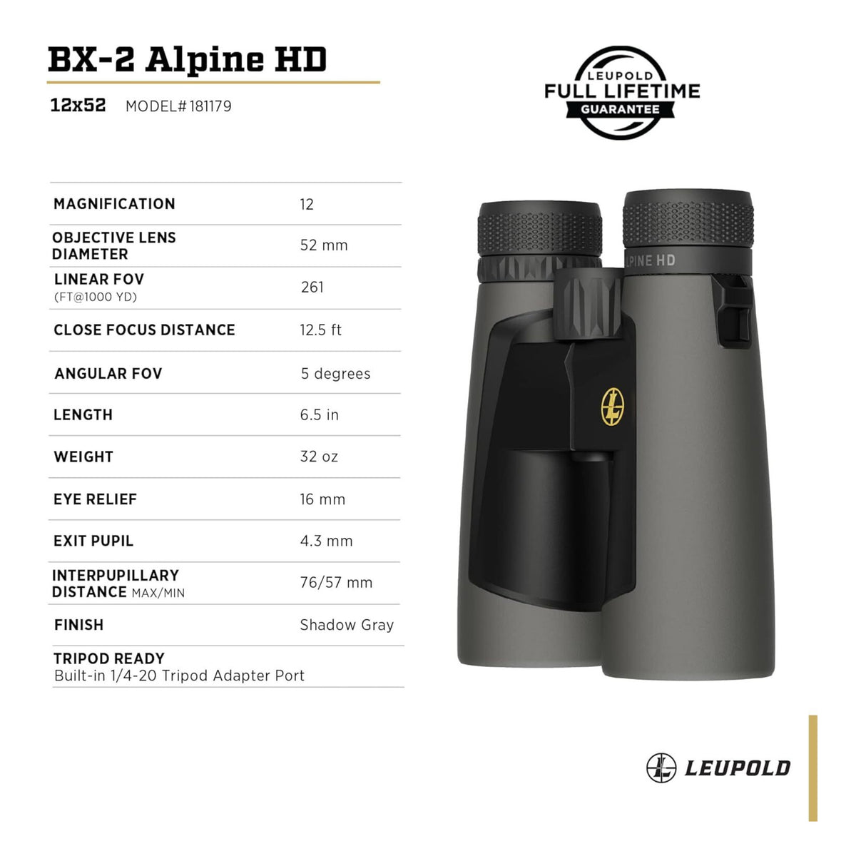Leupold BX-2 Alpine HD 12x52mm Binoculars