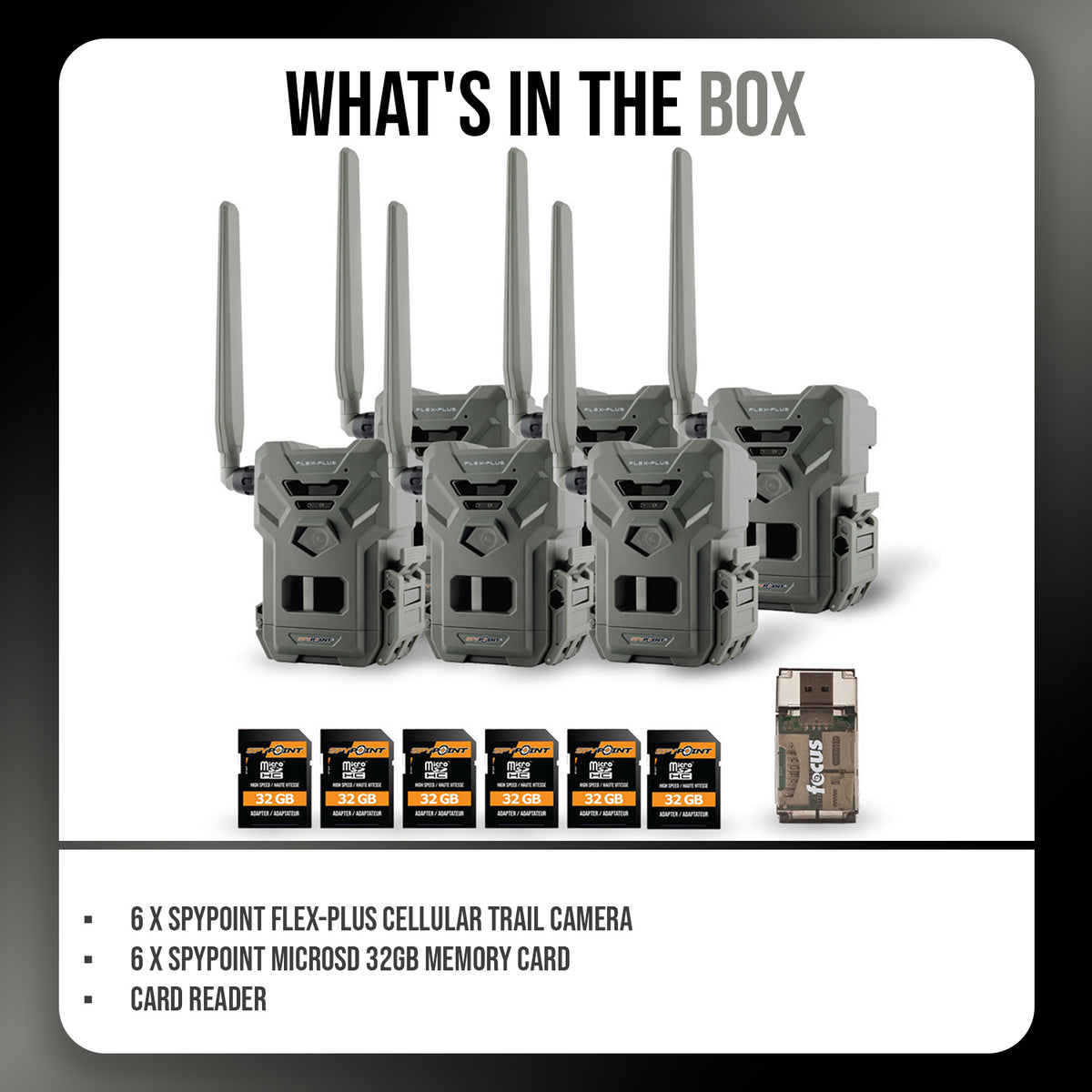 Spypoint FLEX-PLUS Cellular Trail Camera with Memory Card (6-Pack) and Reader