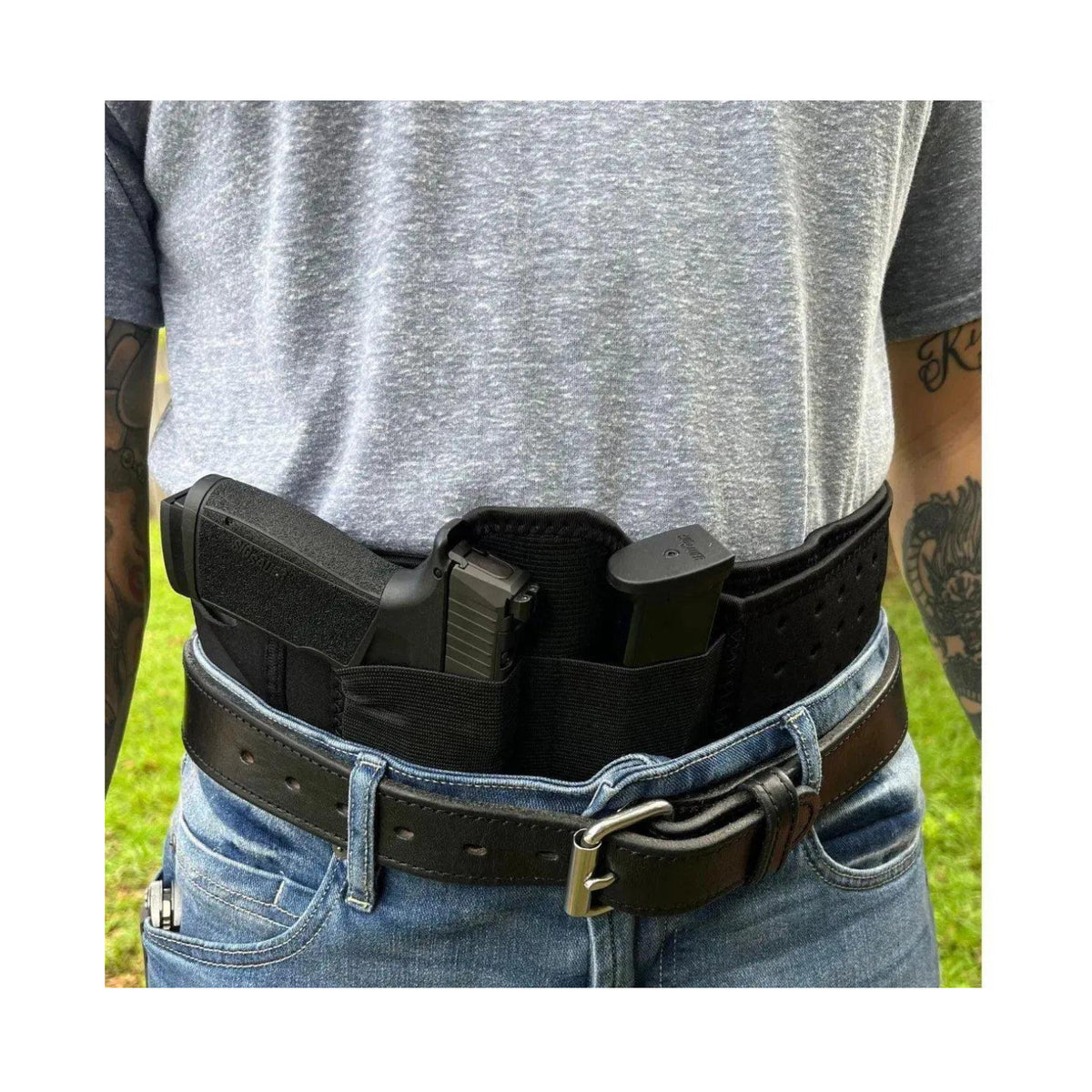 Rounded Belly Band Holster with Wide Elastic Pockets (Large, Black)