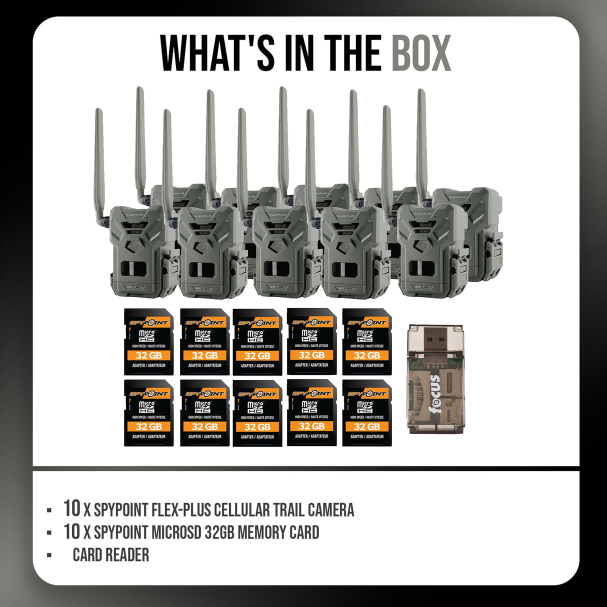 Spypoint FLEX-PLUS Cellular Trail Camera with Memory Card (10-Pack) and Reader
