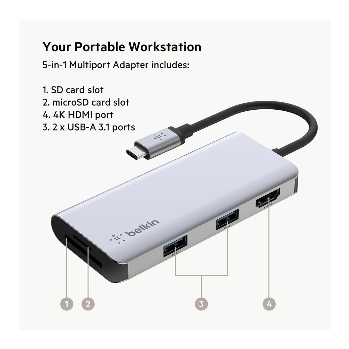 Belkin 5-in-1 MultiPort Docking Station USB-C Hub with 4K 5Gbps Aluminum Dock (Open Box)