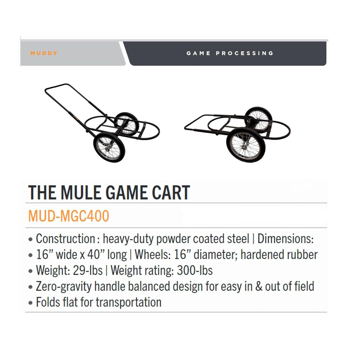 Muddy Mule Game Cart with 16 Inch Wheels and 300 Lbs. Capacity