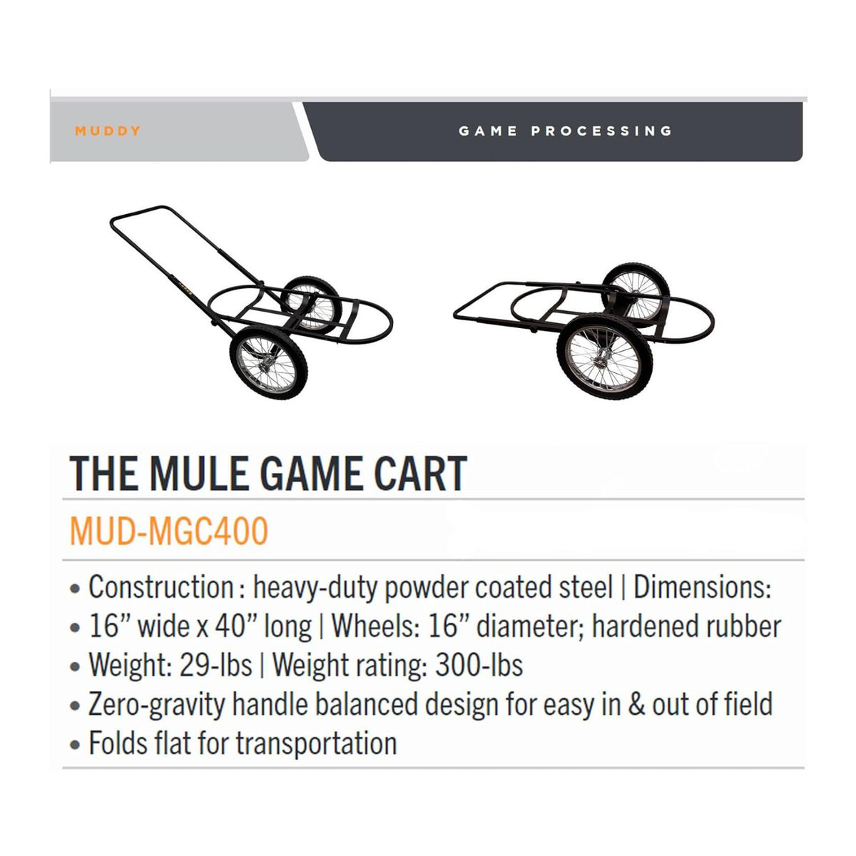 Muddy Mule Game Cart with 16 Inch Wheels and 300 Lbs. Capacity (Open Box)
