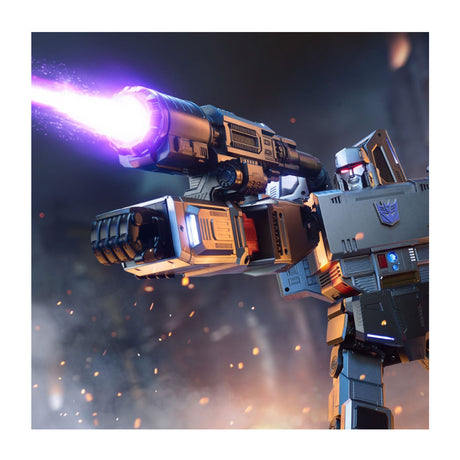 Robot with a large weapon emitting a purple light against a dark background