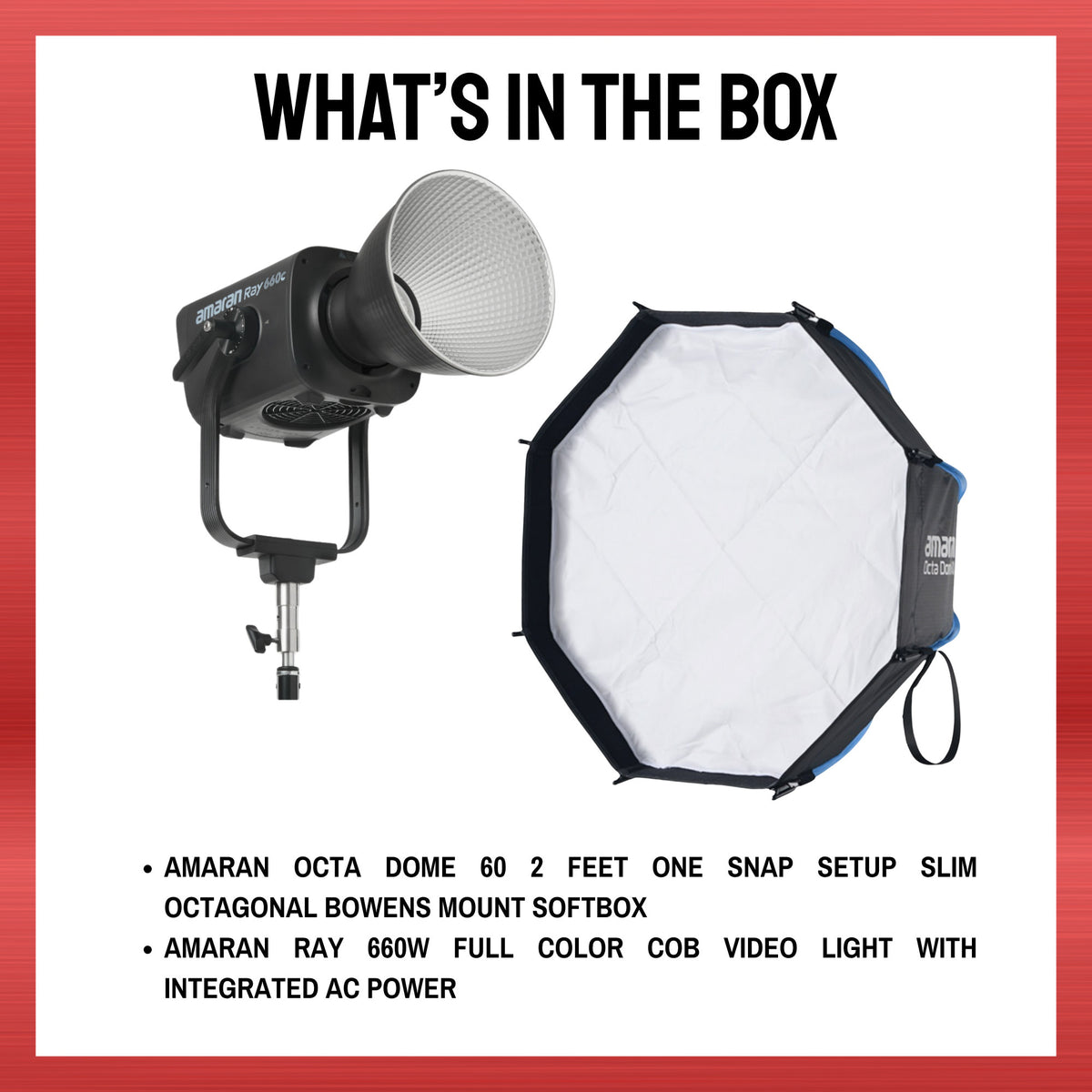 Amaran Ray 660W Full Color COB Video Light with AC Power and Octa Dome 60 Bundle