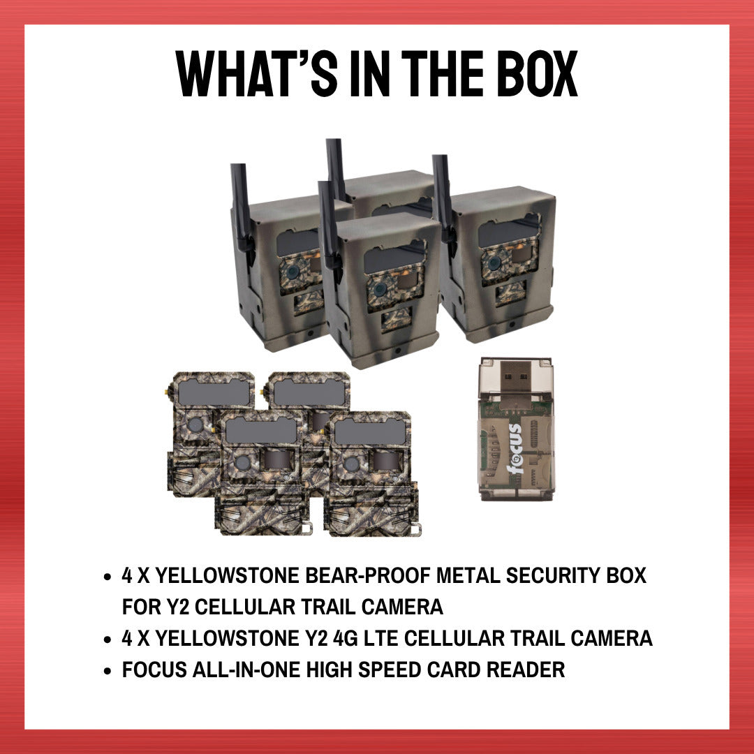 Yellowstone Y2 Cellular Trail Camera (4 Pack) with Security Box and Card Reader