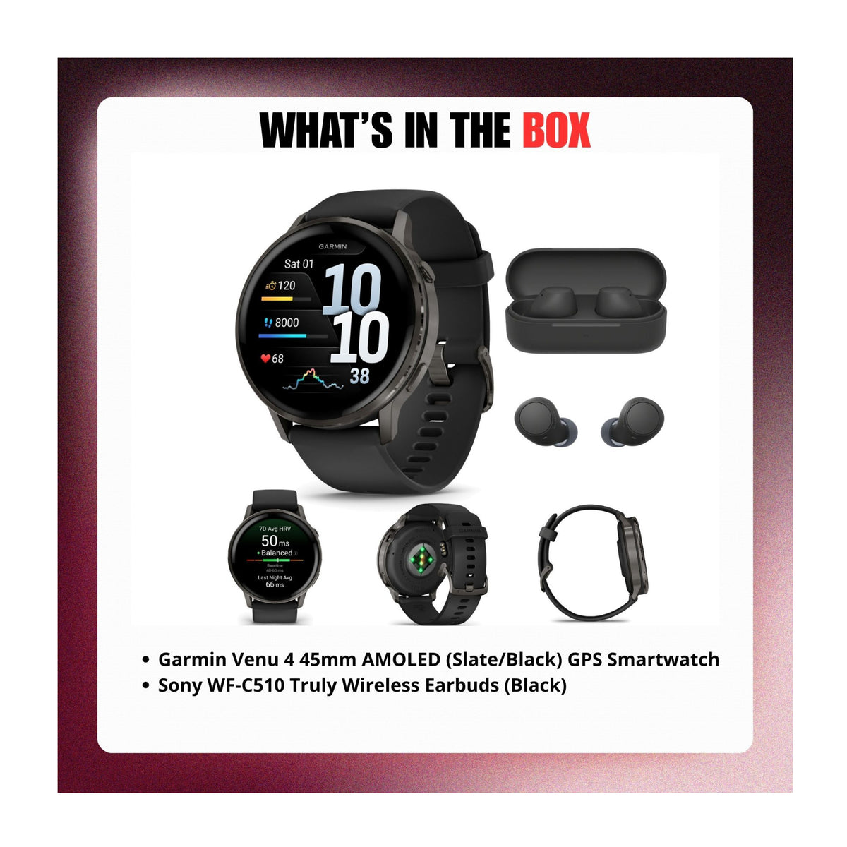 Garmin Venu 4 45mm AMOLED (Slate/Black) GPS Smartwatch with Earbuds Bundle
