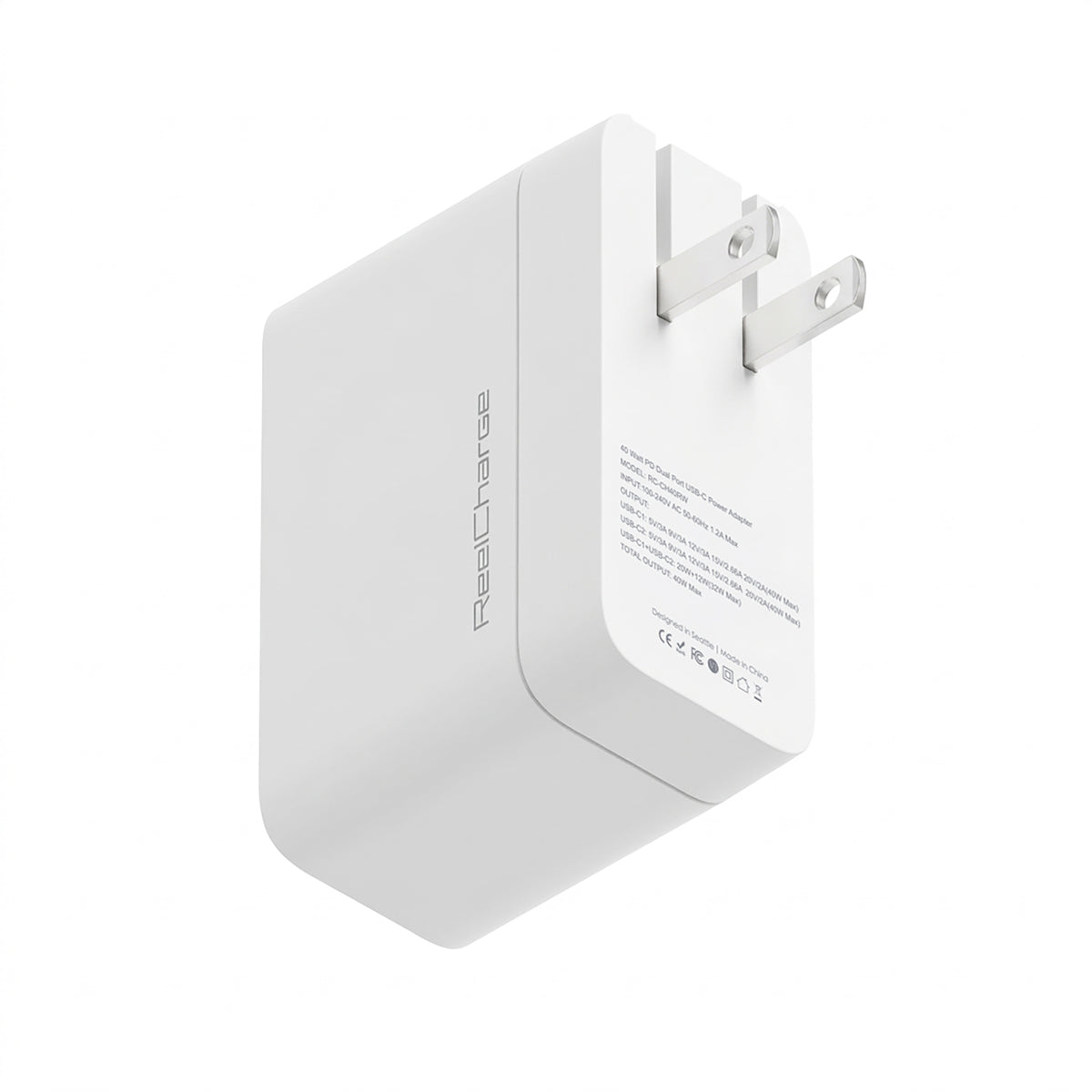 ReelCharge 40W USB C Wall Charger Dual Port Fast Charger Block with LED Display Folding Plug (White)
