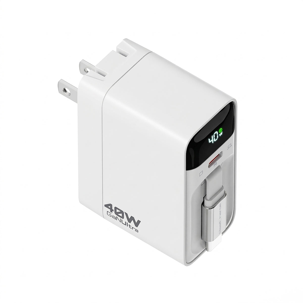 ReelCharge 40W USB C Wall Charger Dual Port Fast Charger Block with LED Display Folding Plug (White)