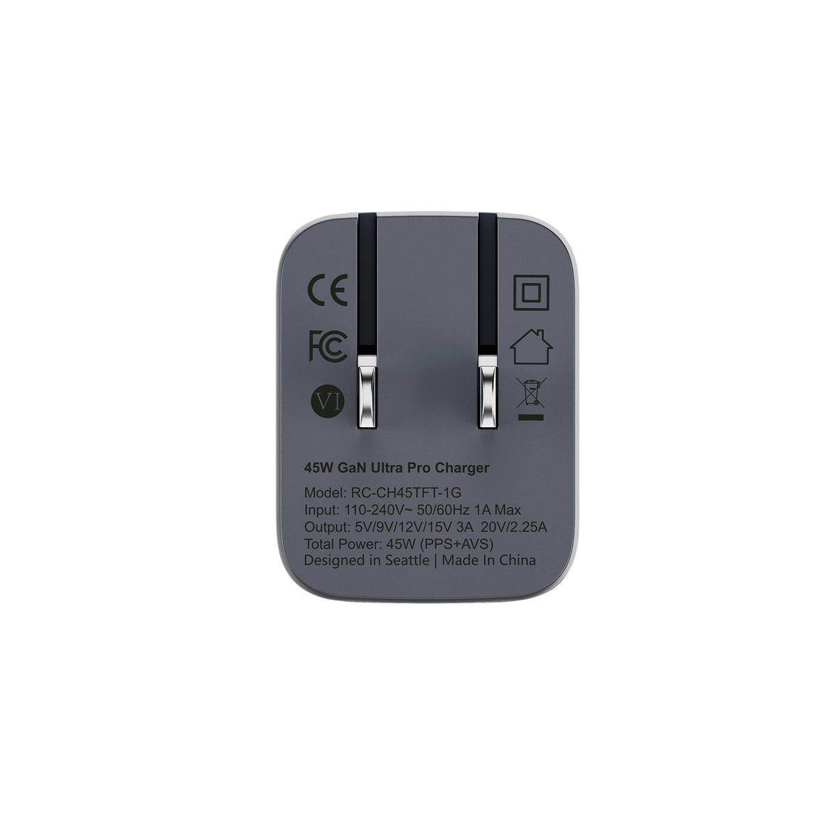 ReelCharge 45W Smart Wall Charger with USB-C Fast Charge Folding Plug (Gray)