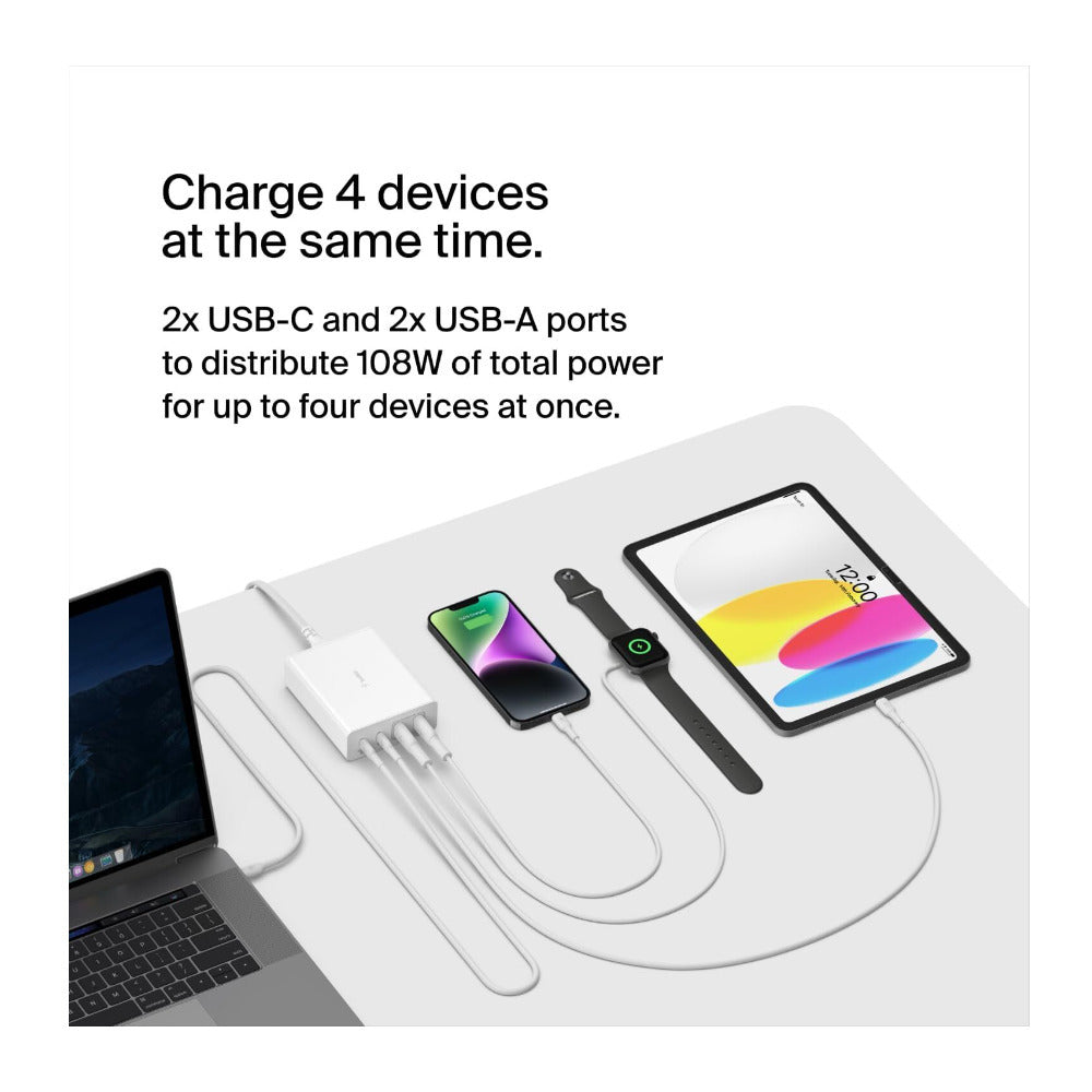 Belkin BoostCharge Pro 4 Port GaN Charger 108W USB-C (White) (Open Box)