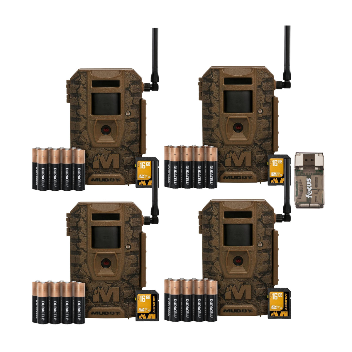 Muddy Outdoors Mitigator 3.0 Combo Cellular Trail Camera (4-Pack) with Accessories and Card Reader