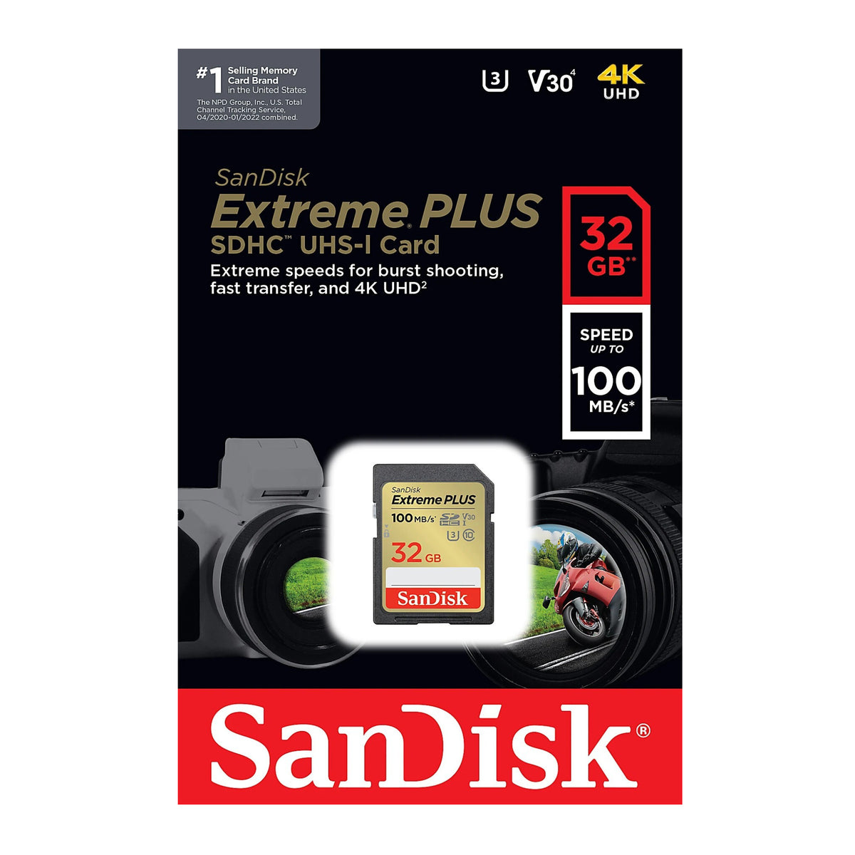 SanDisk Extreme PLUS 32GB SDHC UHS-I Memory Card (100 MB/s, Class 10, U3, V30) (Open Box)