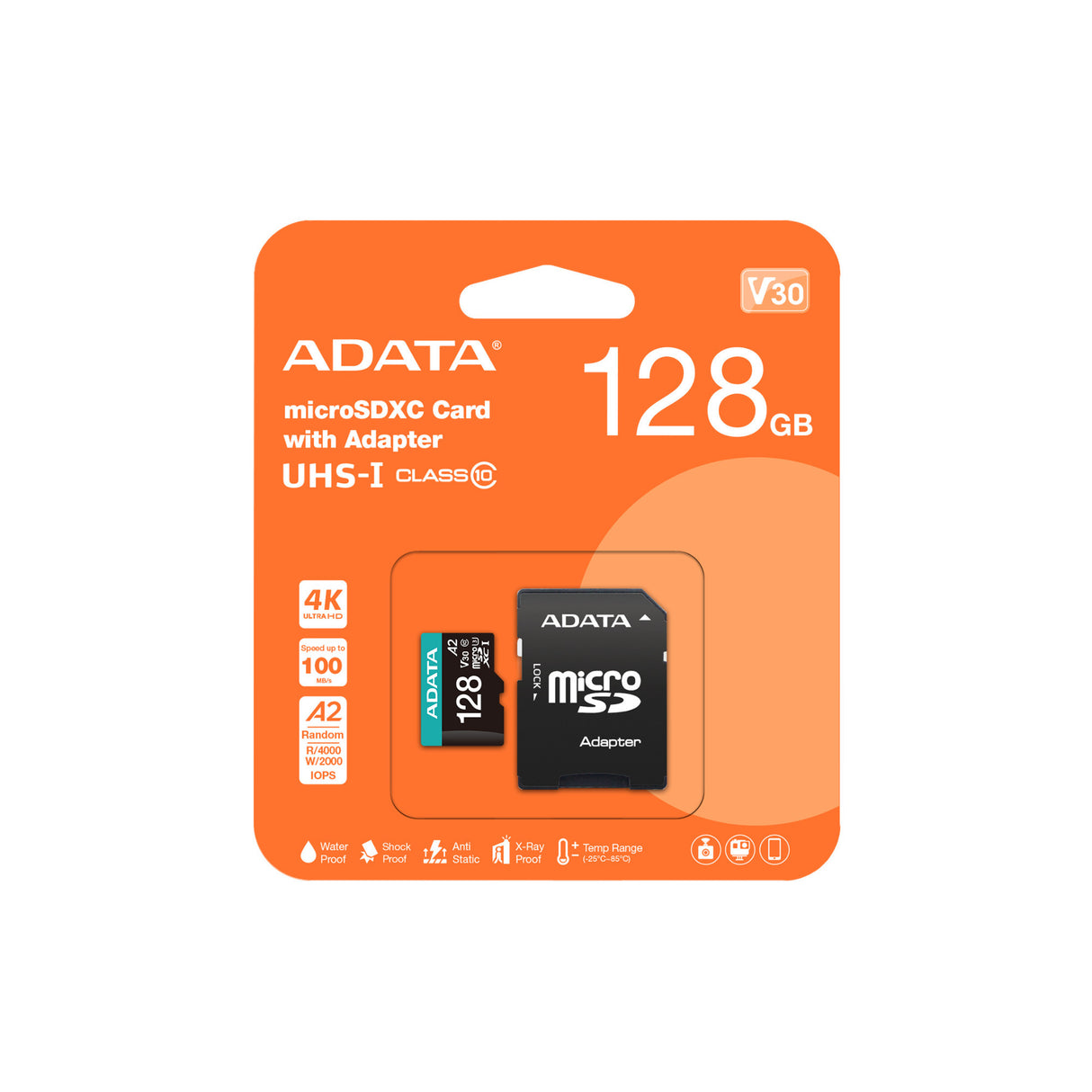 ADATA Premier Pro 128GB MicroSDXC/SDHC UHS-I V30 A2 Waterproof Memory Card with SD Adapter
