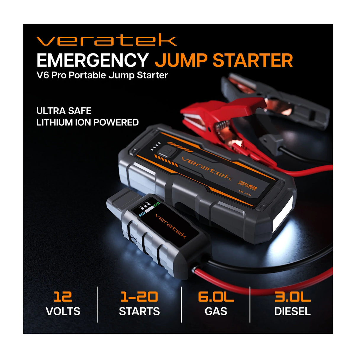 Veratek V6 Pro Portable Vehicle Jump Starter - 1000A Peak 12V Car Battery Booster