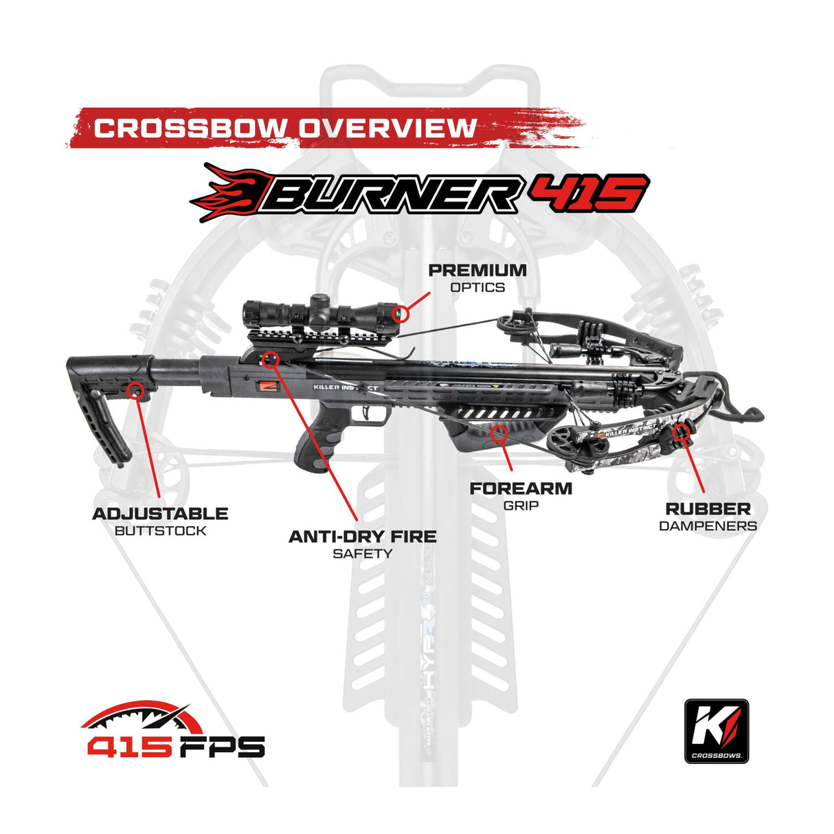 Killer Instinct Burner 415 Crossbow (Gray Camo) with Crank & Broadheads Bundle