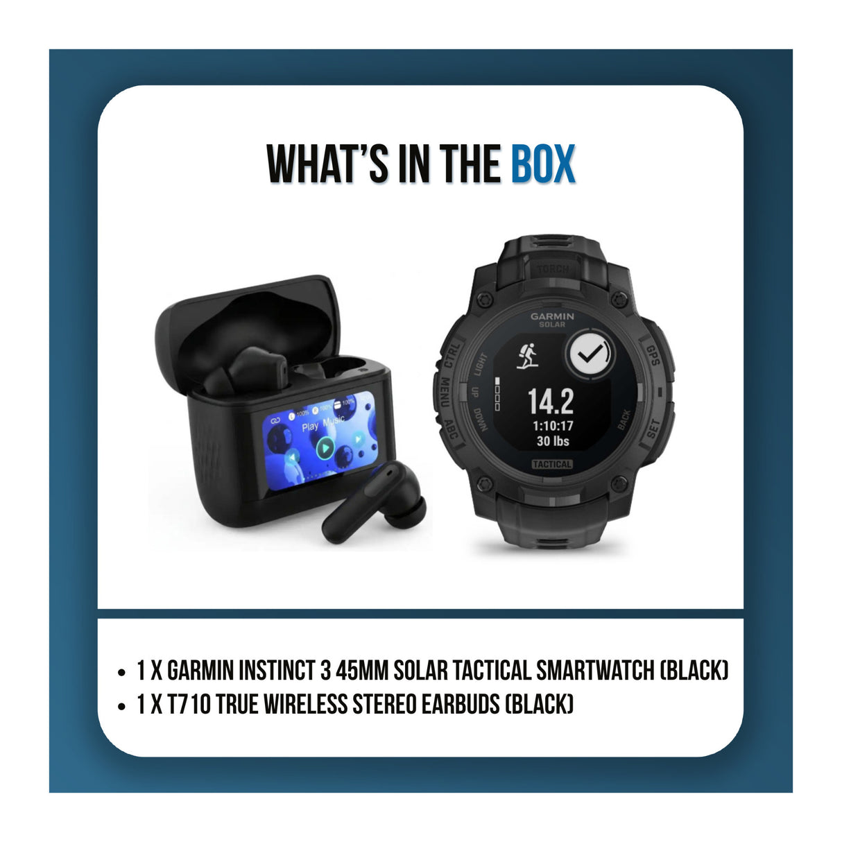 Garmin Instinct 3 45mm Black Solar Smartwatch Bundle with T710 Wireless Earbuds