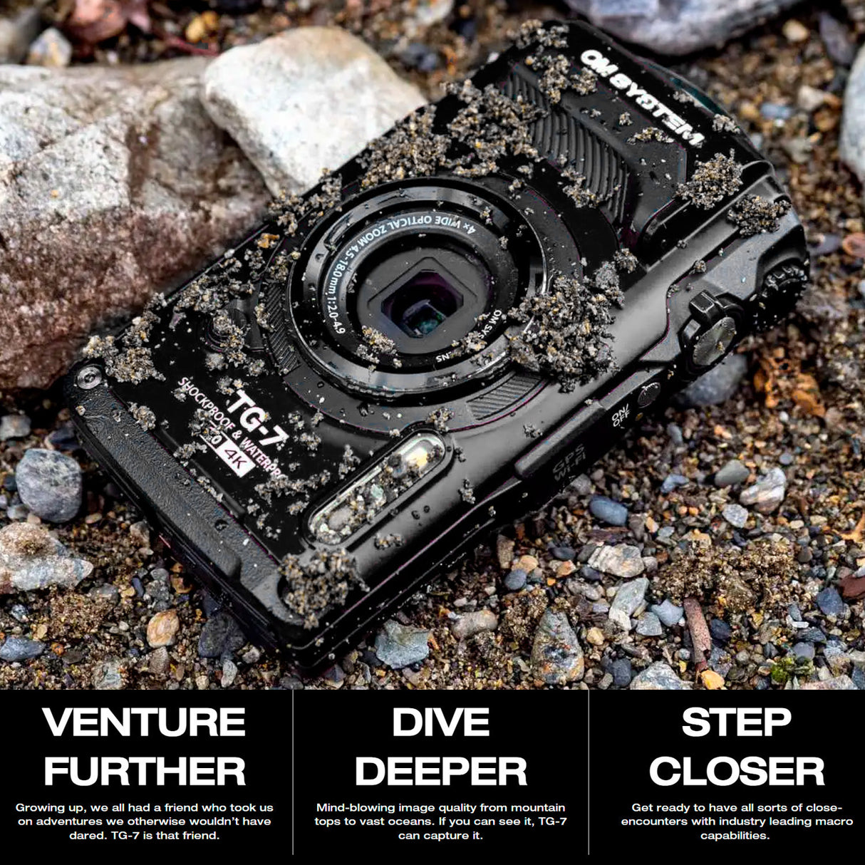 OM SYSTEM Tough TG-7 Digital Camera (Black) Bundle with 128GB Card, HDMI Cable & Accessories