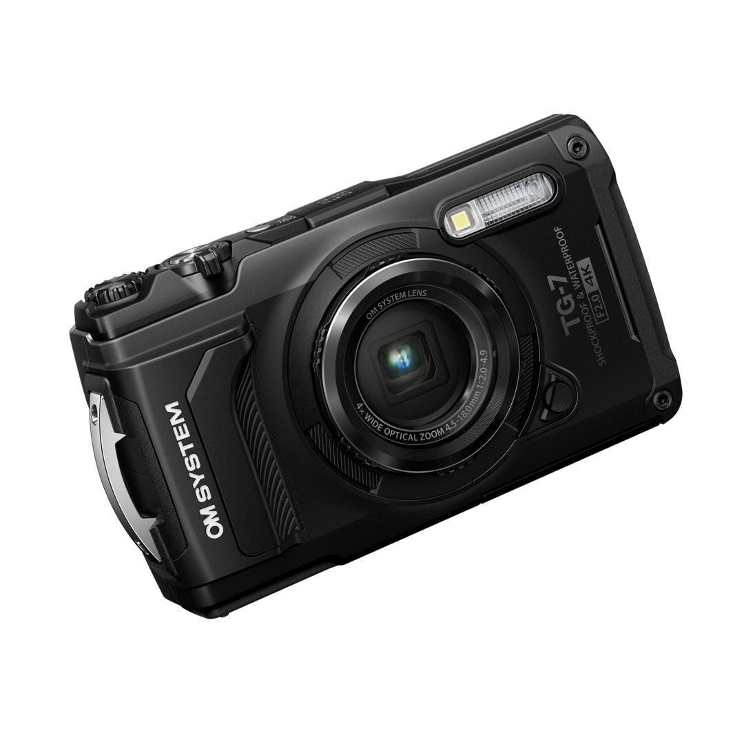 OM SYSTEM Tough TG-7 Digital Camera (Black) Bundle with 128GB Card, Floating Strap & Case