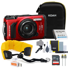 OM SYSTEM Tough TG-7 Digital Camera (Red) Bundle with 128GB Card, HDMI Cable & Accessories