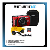 OM SYSTEM Tough TG-7 Digital Camera (Red) Bundle with 128GB Memory Card, Strap and Case