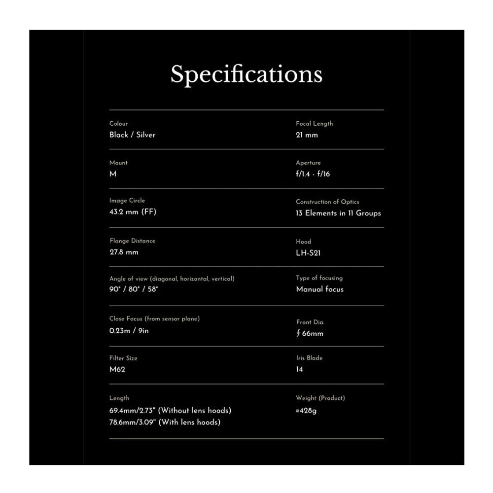Thypoch Simera 21mm f/1.4 Full-frame Prime Camera Lens with Manual Focus (Leica M Mount, Silver)