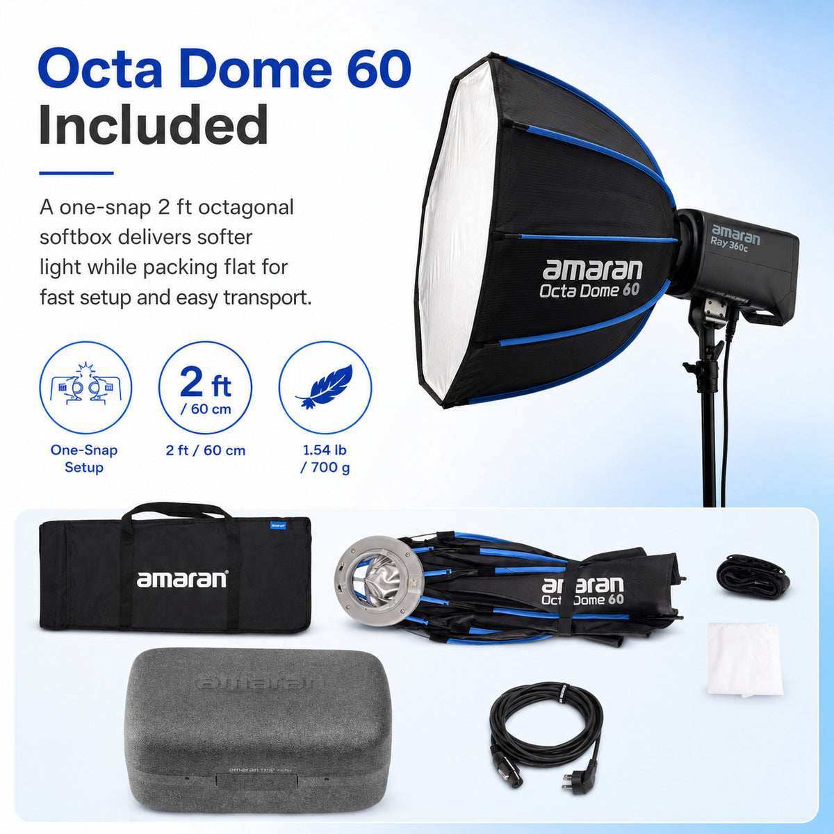 Amaran Ray 360c Full-Color COB Video Light (US) Bundle with 2' Octagonal Bowens Mount Softbox
