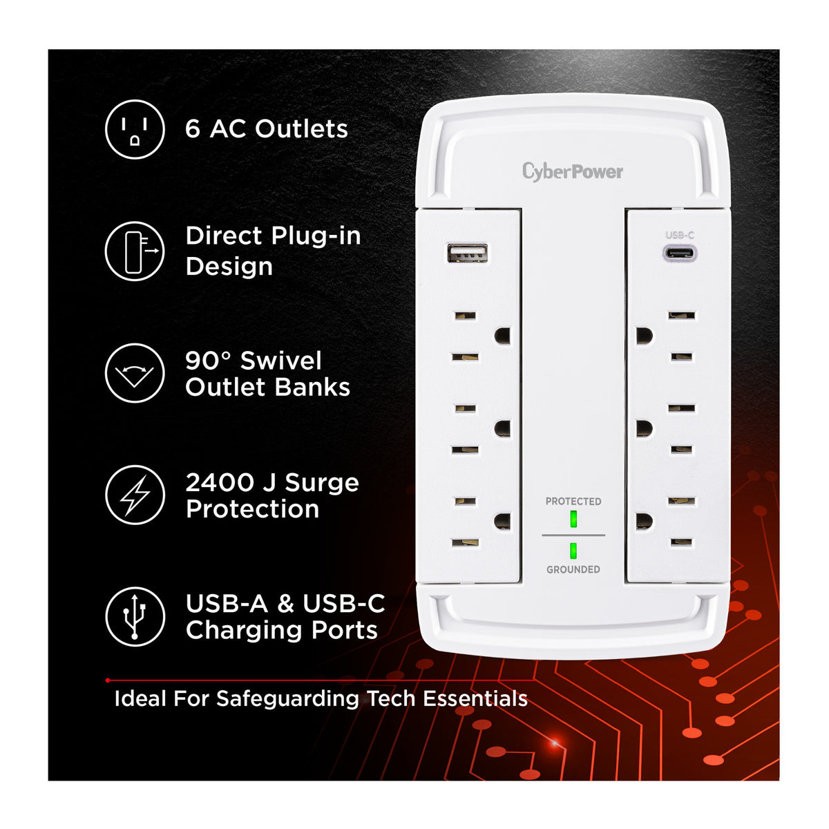 CyberPower CSP6WSUC 2400J Surge Protector with 6 Swivel Outlets & 2 USB Charging Ports