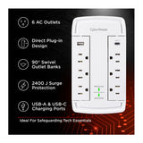 CyberPower CSP6WSUC 2400J Surge Protector with 6 Swivel Outlets & 2 USB Charging Ports