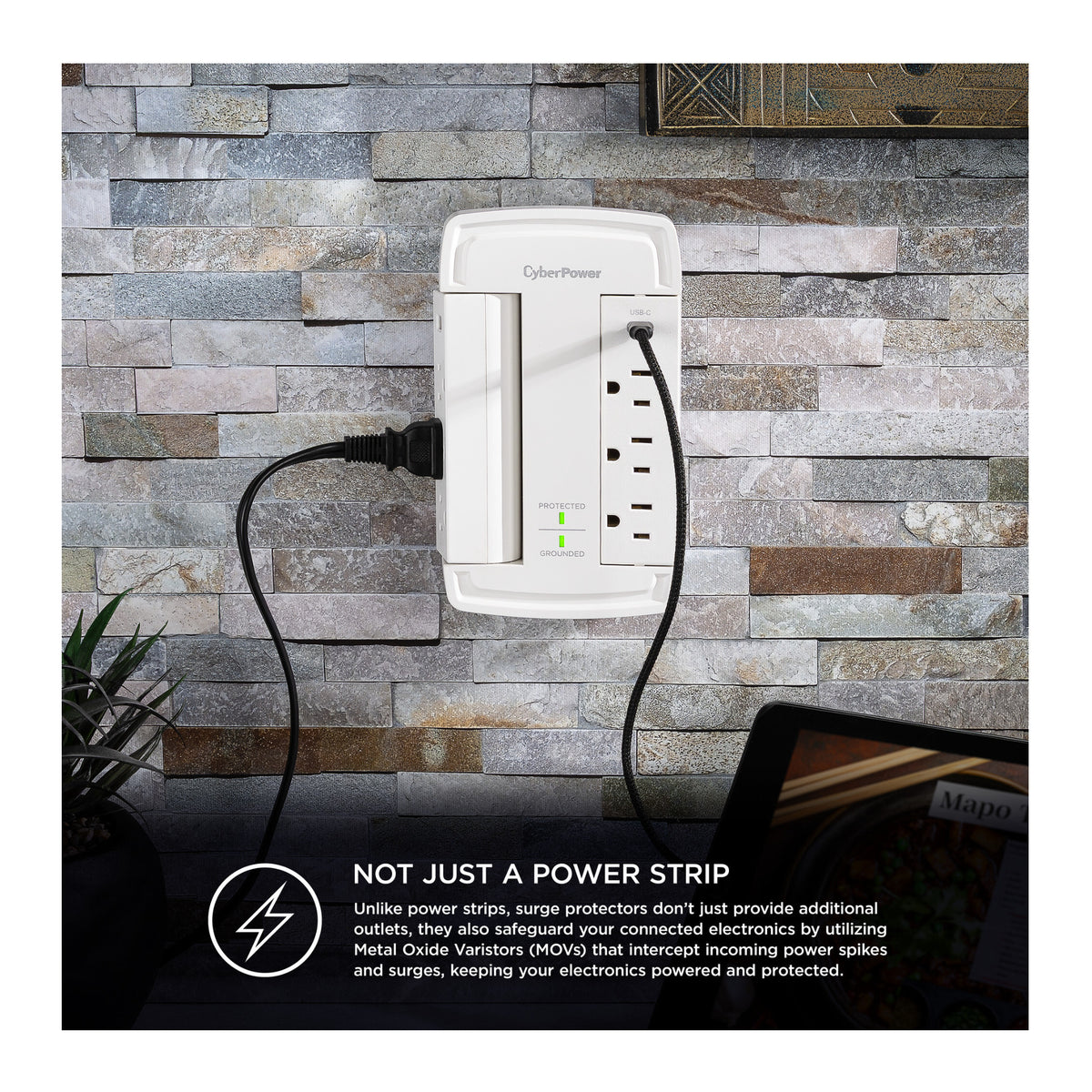 CyberPower CSP6WSUC 2400J Surge Protector with 6 Swivel Outlets & 2 USB Charging Ports