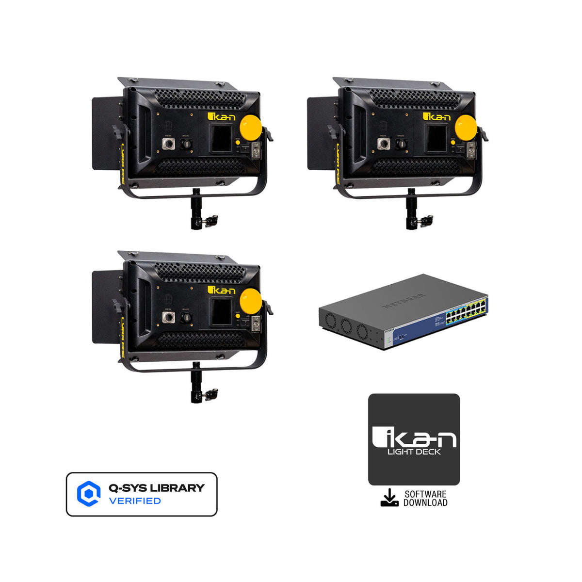 ikan Lyra LBX5-PoE Bi-Color Studio Soft LED Light Panel (Black, Unmanaged Switch 3-Light Kit)