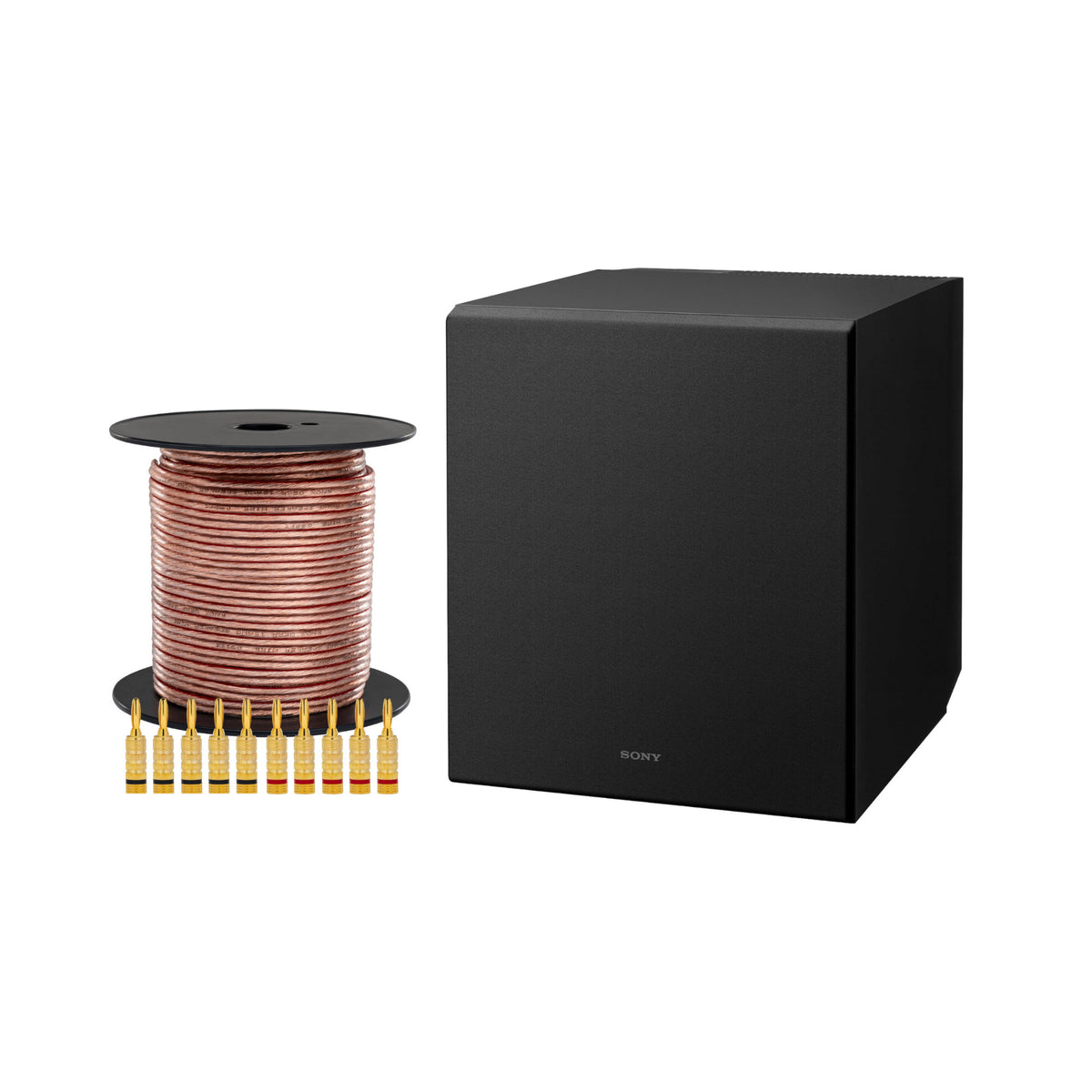 Sony SA-CS9M2 10-inch Powered Active Subwoofer Bundle with 100ft Speaker Wire and Banana Plugs