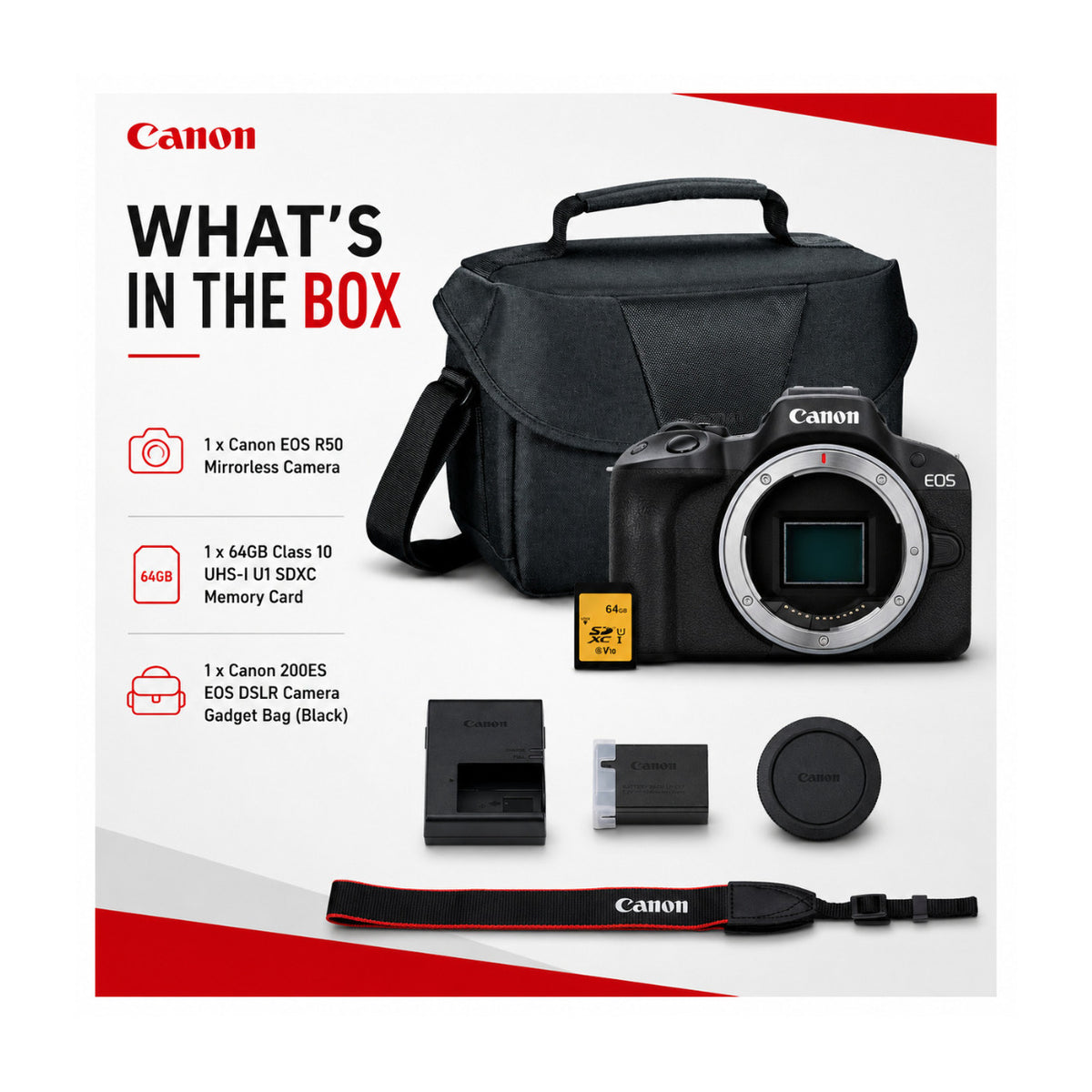 Canon EOS R50 24.2MP Mirrorless Camera Bundle with 64GB Memory Card and Padded Bag